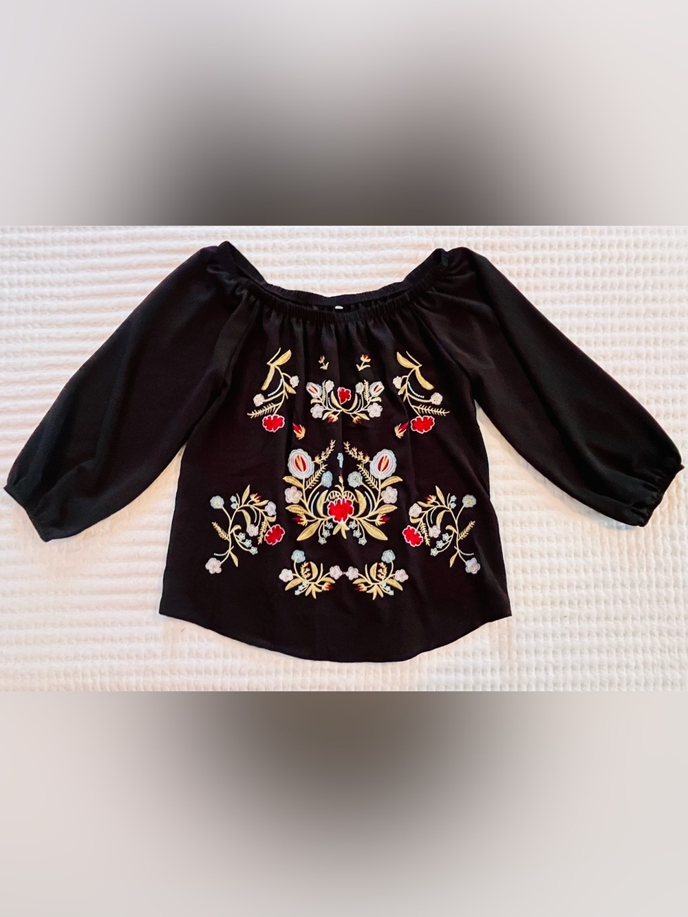 Black Embroidered Off-Shoulder Peasant Blouse